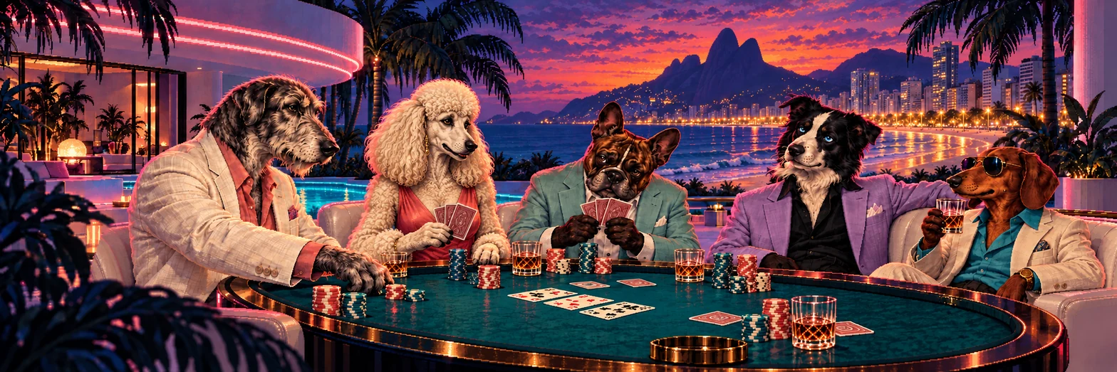 Five dogs in sharp jackets play poker on a terrace above Ipanema beach at dusk.