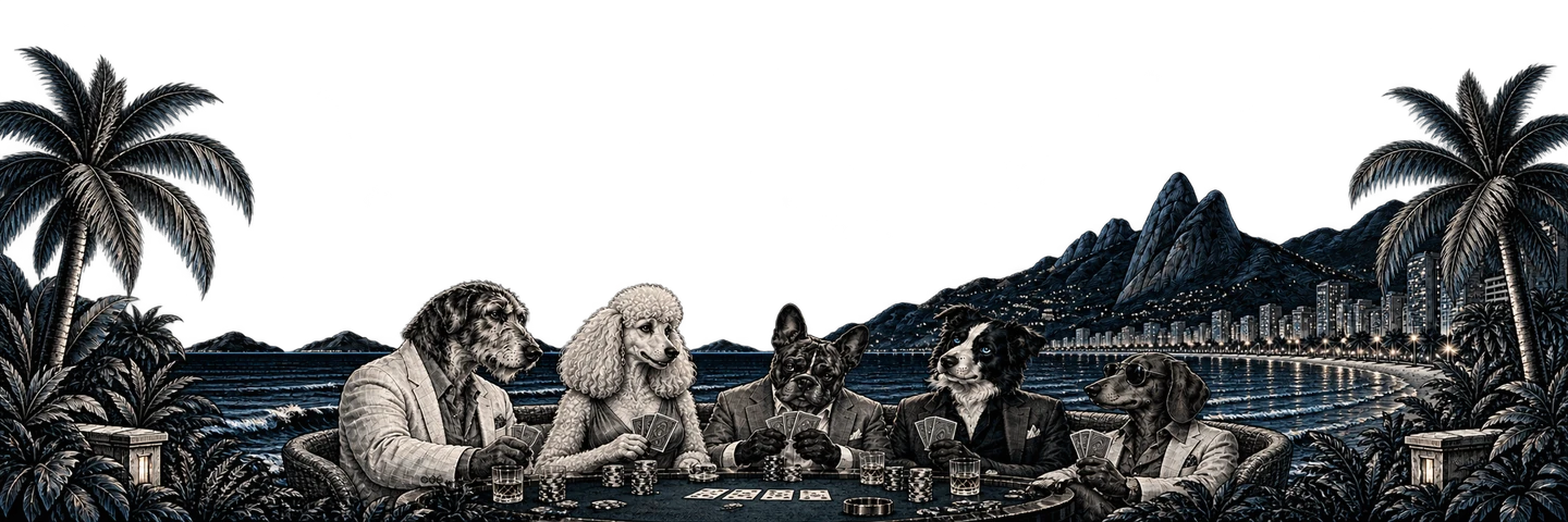Five dogs play poker on a terrace above Ipanema beach. The ocean, the city and the mountains are behind them.